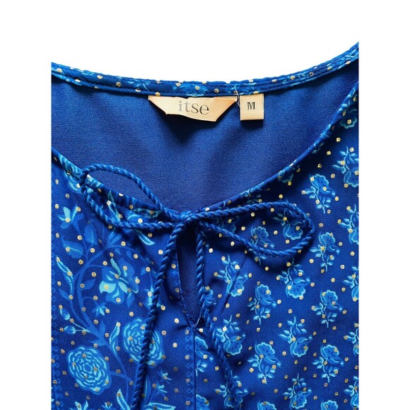 ITSE Women’s Top Tassle Front Tie Bell Sleeves Royal Blue Gold Dots Size Medium - Picture 4 of 12